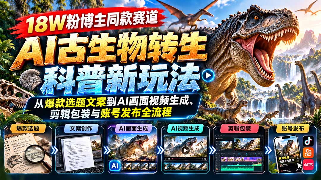 18W粉博主同款赛道-AI古生物转生科普新玩法：从爆款选题文案到AI画面视频生成、剪辑包装与账号发布全流程-副业网创