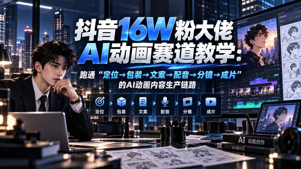 抖音16W粉大佬规则门禁AI动画赛道教学：跑通“定位→包装→文案→配音→分镜→成片”的AI动画内容生产链路-副业网创