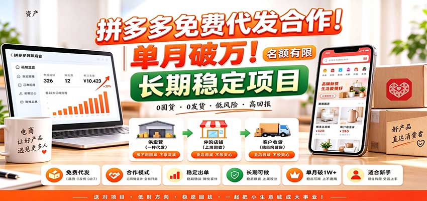 拼多多免费代发合作|单月破万!长期稳定项目,名额有限-副业网赚