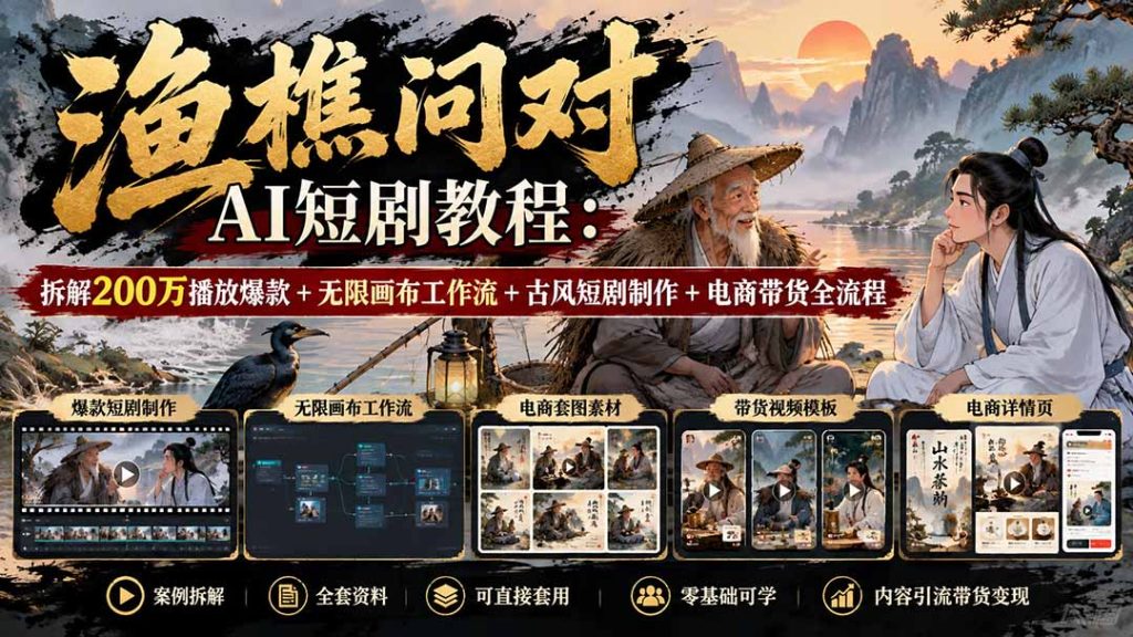 【无水印】渔樵问对AI短剧教程：拆解200万播放爆款+无限画布工作流+古风短剧制作+电商带货全流程-副业网创