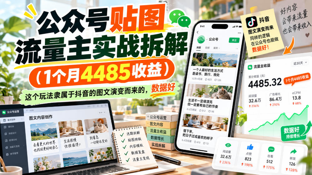 公众号贴图流量主实战拆解(1个月4485收益),这个玩法隶属于抖音的图文演变而来的,数据好-副业网赚