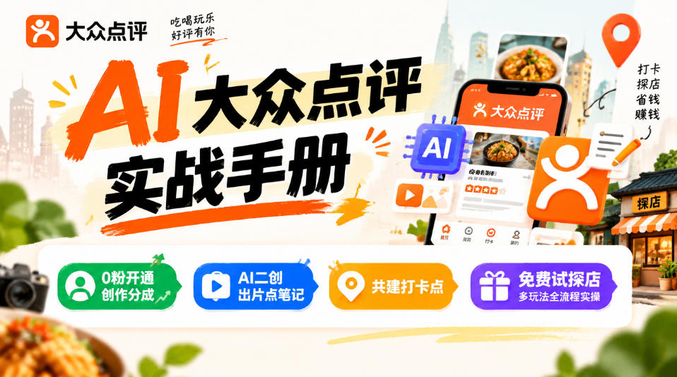 某局的AI大众点评实战手册，0粉开通创作分成、AI二创出片点笔记、共建打卡点、免费试探店多玩法全流程实操-副业网创