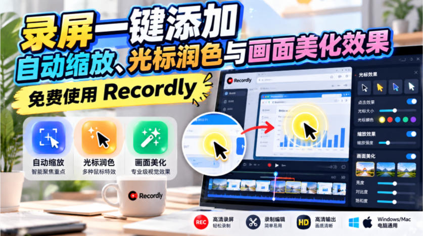 录屏一键添加自动缩放、光标润色与画面美化效果，免费使用Recordly-副业网创