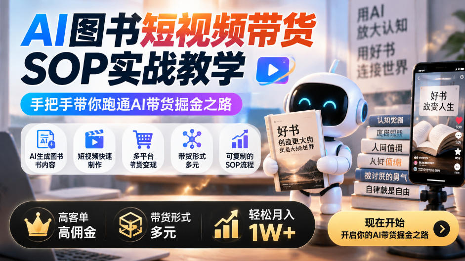 AI图书短视频带货SOP实战教学，手把手带你跑通AI带货掘金之路，高客单高佣金，带货形式多元，轻松月入1W+-副业网创
