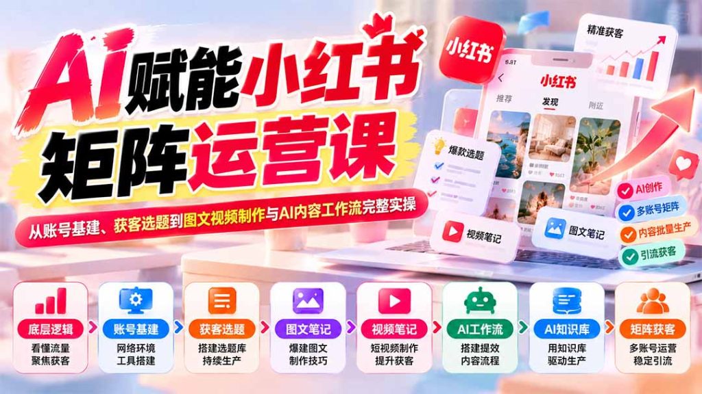 AI赋能小红书矩阵运营课：从账号基建、获客选题到图文视频制作与AI内容工作流完整实操-副业网创