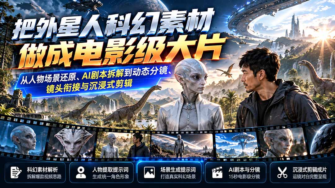 把外星人科幻素材做成电影级大片：从人物场景还原、AI剧本拆解到动态分镜、镜头衔接与沉浸式剪辑-副业网创
