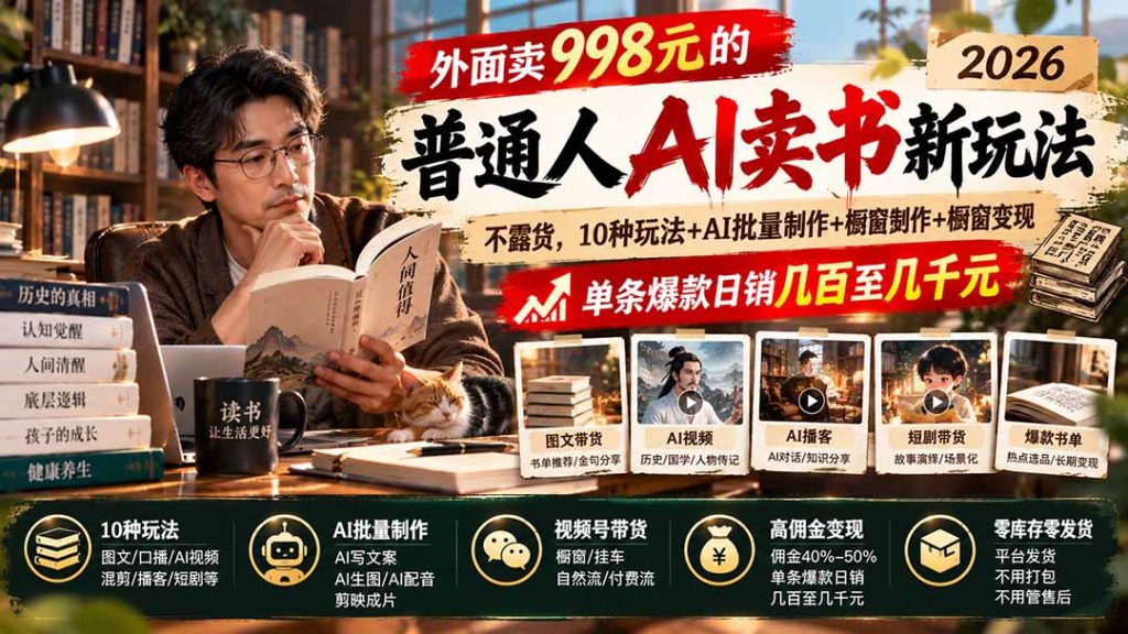 外面卖998元的2026普通人AI卖书新玩法:不露脸、不囤货,10种玩法+AI批量制作+橱窗变现,单条爆款日销几百至几千元-副业网创