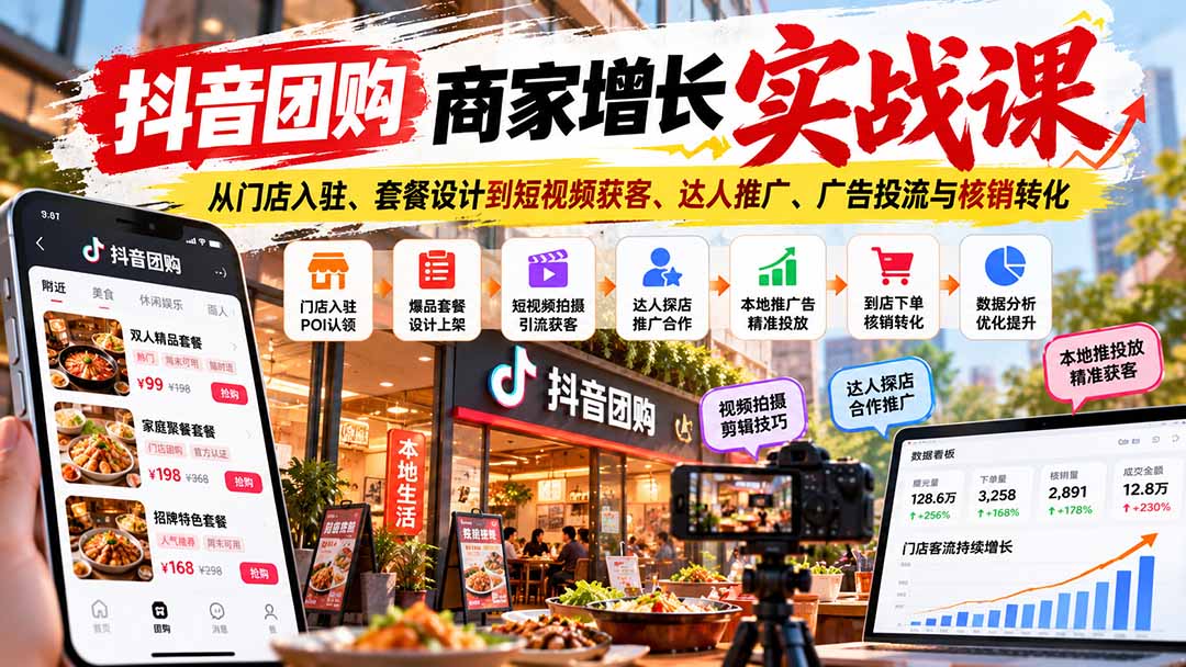 抖音团购商家增长实战课:从门店入驻、套餐设计到短视频获客、达人推广、广告投流与核销转化-副业网创