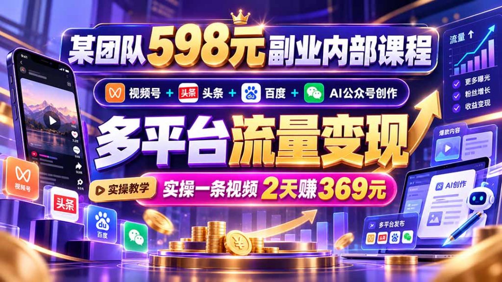 某团队598元副业内部课程：视频号+头条+百度+AI公众号创作、多平台流量变现，实操一条视频2天赚369元-副业网赚
