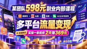 某团队598元副业内部课程:视频号+头条+百度+AI公众号创作、多平台流量变现,实操一条视频2天赚369元-副业网赚