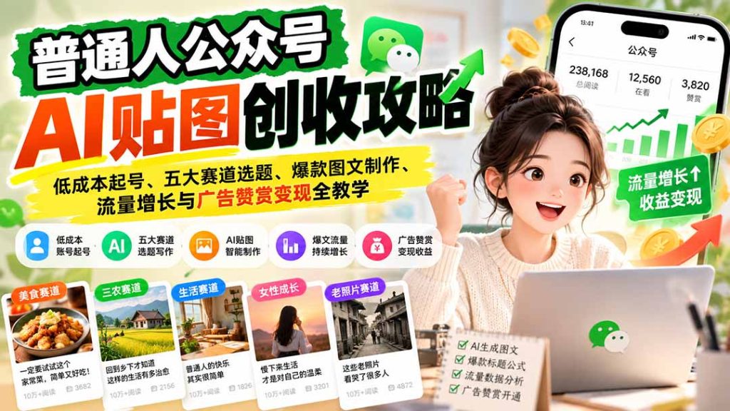 普通人公众号AI贴图创收攻略：低成本起号、五大赛道选题、爆款图文制作、流量增长与广告赞赏变现全教学-副业网创