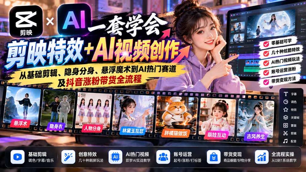 一套学会剪映特效+AI视频创作：从基础剪辑、隐身分身、悬浮魔术到AI热门赛道及抖音涨粉带货全流程-副业网创