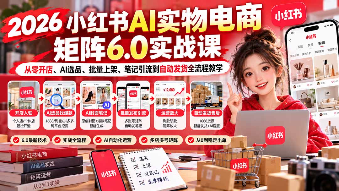 2026小红书AI实物电商矩阵6.0实战课:从零开店、AI选品、批量上架、笔记引流到自动发货全流程教学-副业网赚