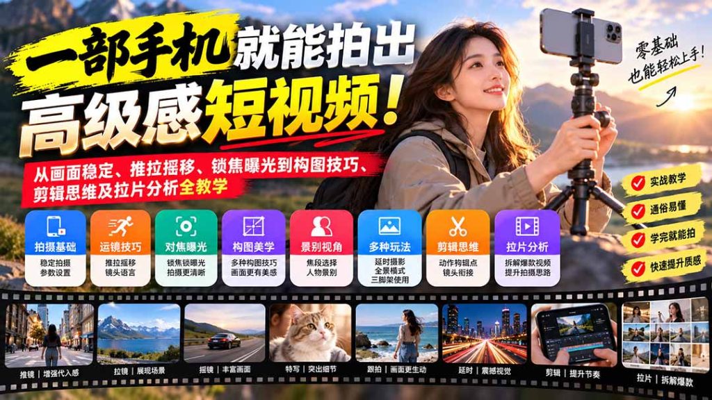 一部手机就能拍出高级感短视频！从画面稳定、推拉摇移、锁焦曝光到构图技巧、剪辑思维及拉片分析全教学-副业网赚