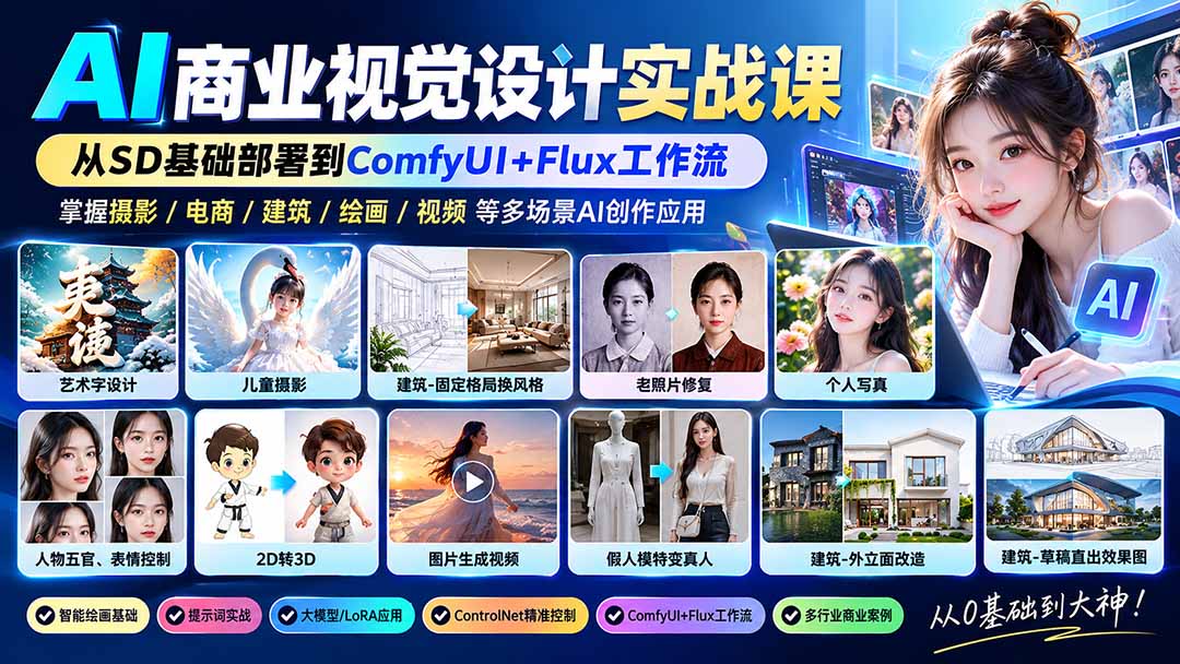【无水印】AI商业视觉设计实战课：从SD基础部署到ComfyUI+Flux工作流，掌握摄影电商建筑AI创作-副业网创