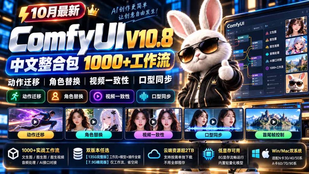 10月最新ComfyUI V10.8中文整合包 1000+工作流 动作迁移 角色替换 视频一致性 口型同步 低显存可用-副业网赚