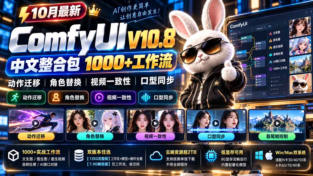 10月最新ComfyUI V10.8中文整合包 1000+工作流 动作迁移 角色替换 视频一致性 口型同步 低显存可用-副业网赚