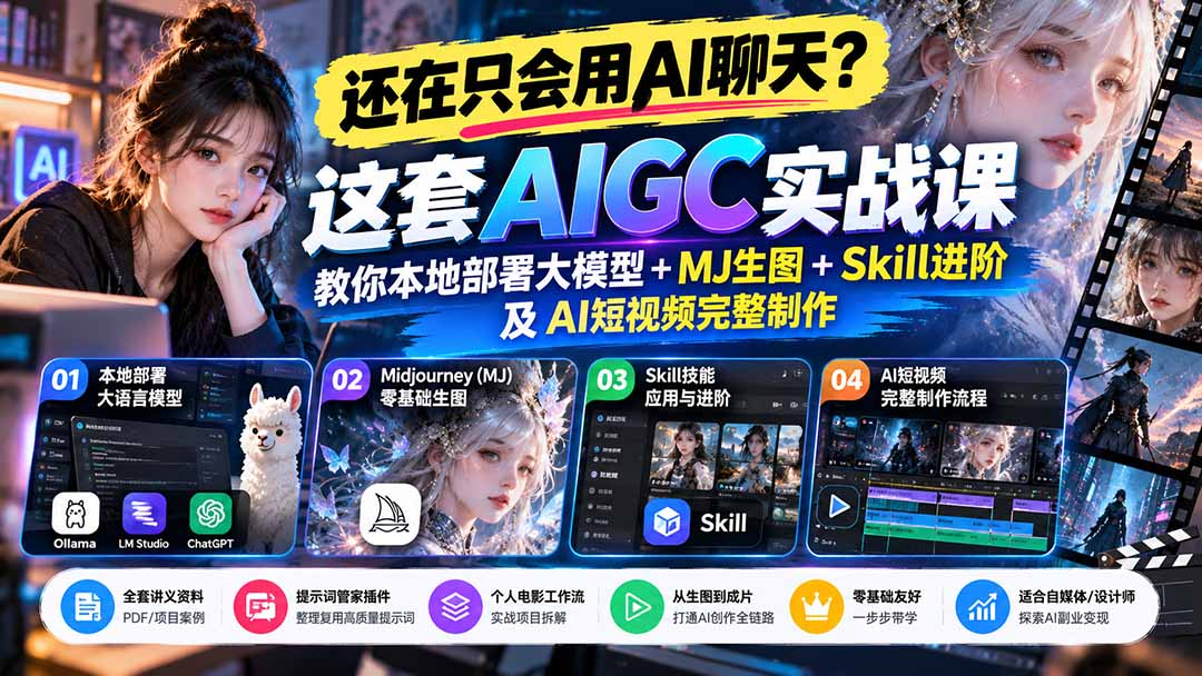 【无水印】还在只会用AI聊天？这套AIGC实战课教你本地部署大模型+MJ生图+Skill进阶及AI短视频完整制作-副业网赚