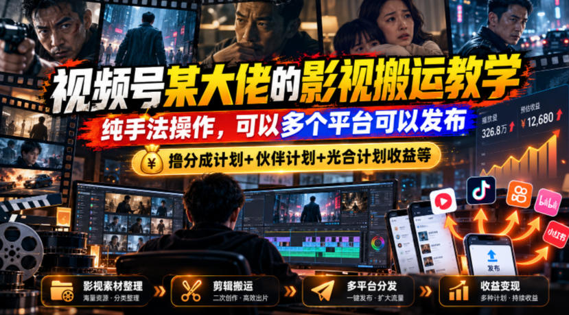 视频号某大佬的影视搬运教学，纯手法操作，可以多个平台可以发布，撸分成计划+伙伴计划+光合计划收益等-副业网创