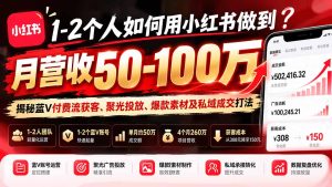 1-2个人如何用小红书做到月营收50-100万？揭秘蓝V付费流获客、聚光投放、爆款素材及私域成交打法-副业网创