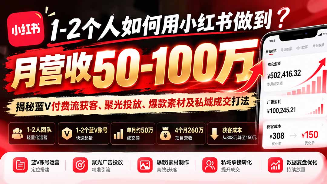 1-2个人如何用小红书做到月营收50-100万？揭秘蓝V付费流获客、聚光投放、爆款素材及私域成交打法-副业网创