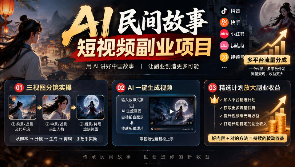 AI民间故事短视频副业项目，多平台流量分成，三视图分镜实操，精选计划放大副业收益-副业网创