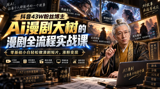 抖音43W粉丝博主Ai漫剧大树的漫剧制作全流程实战课，零基础小白轻松做漫剧短片，涨粉变现(更新1027)-副业网赚