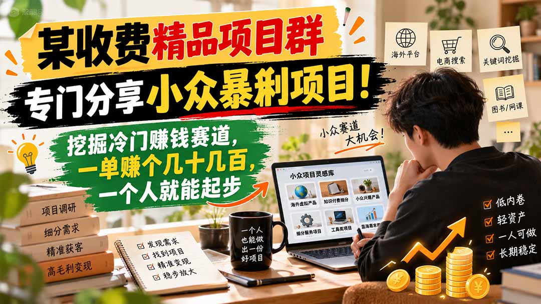 某收费精品项目群，专门分享小众暴俐项目！挖掘冷门赚钱赛道，一单赚个几十几百，一个人就能起步-副业网赚