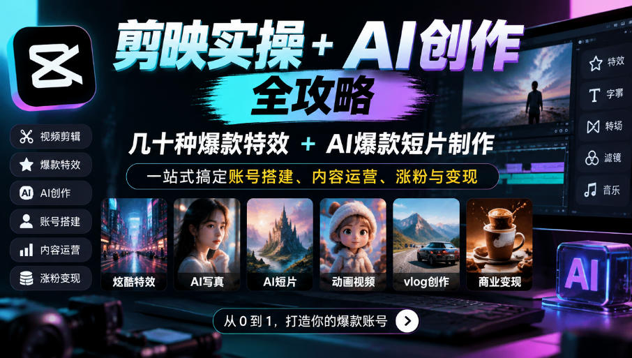 剪映实操+AI创作全攻略｜几十种爆款特效+AI爆款短片制作，一站式搞定账号搭建、内容运营、涨粉与变现-副业网创