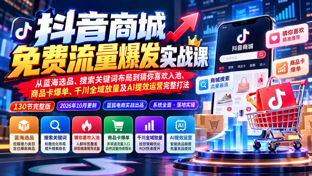 抖音商城免费流量爆发实战：从蓝海选品、搜索关键词布局到猜你喜欢入池、商品卡爆单、千川全域放量及AI提效完整打法-副业网创
