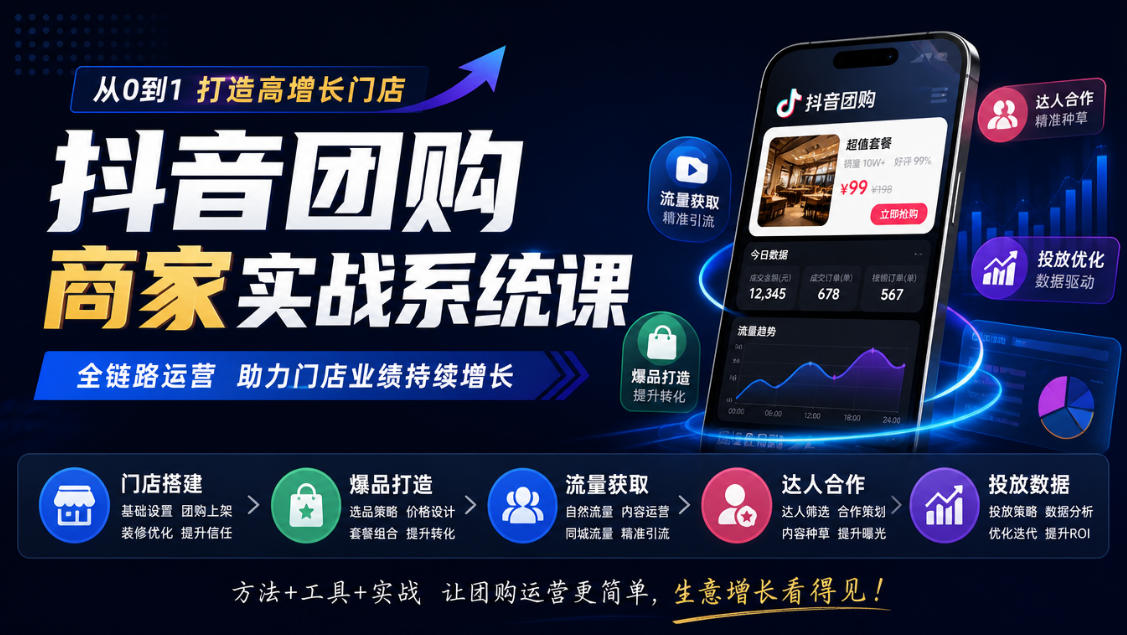 抖音团购商家实战系统课｜门店搭建、爆品打造、流量获取、达人合作、投放数据全链路运营-副业网创