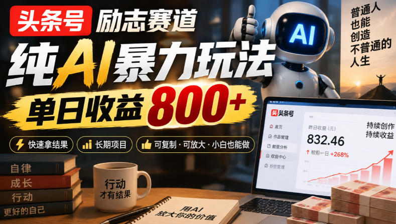 头条号励志赛道，纯AI暴力玩法，单日收益800+，快速拿结果，长期项目-副业网创