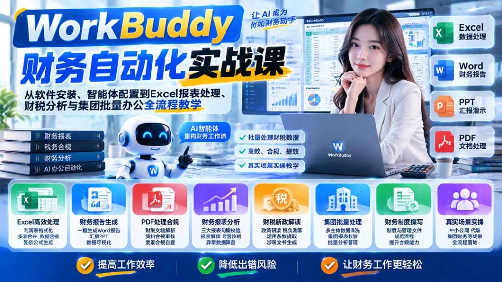 WorkBuddy财务自动化实战课：从软件安装、智能体配置到Excel报表处理、财税分析与集团批量办公全流程教学-副业网赚