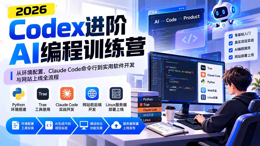 Codex进阶AI编程训练营：从环境配置、Claude Code命令行到实用软件开发与网站上线全流程-副业网创