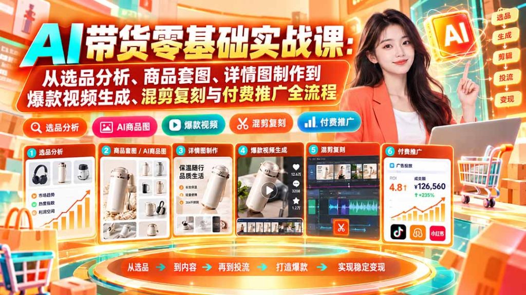 AI带货零基础实战课:从选品分析、商品套图、详情图制作到爆款视频生成、混剪复刻与付费推广全流程-副业网创