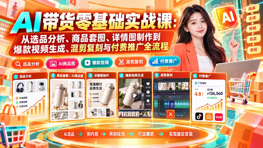 AI带货零基础实战课：从选品分析、商品套图、详情图制作到爆款视频生成、混剪复刻与付费推广全流程-副业网创