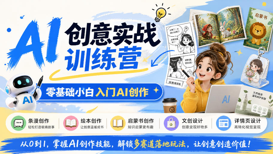 AI创意实战训练营，零基础小白入门AI创作，解锁条漫、绘本、启蒙书、文创、详情页多赛道落地玩法-副业网创