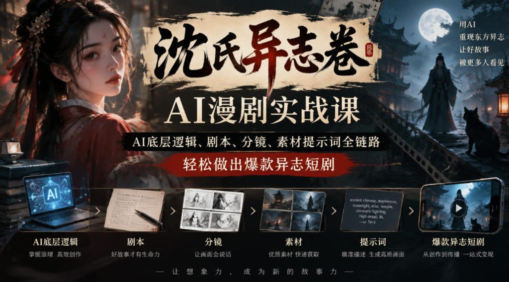 沈氏异志卷AI漫剧实战课｜AI底层逻辑、剧本、分镜、素材提示词全链路，轻松做出爆款异志短剧-副业网创