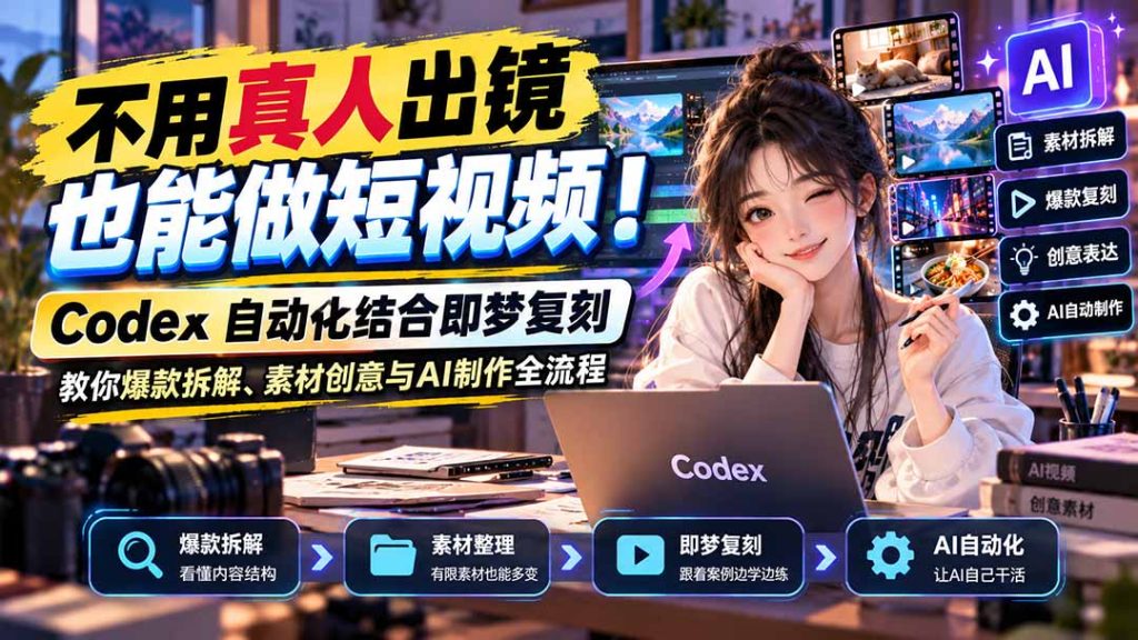 不用真人出镜也能做短视频!Codex自动化结合即梦复刻,教你爆款拆解、素材创意与AI制作全流程-副业网创