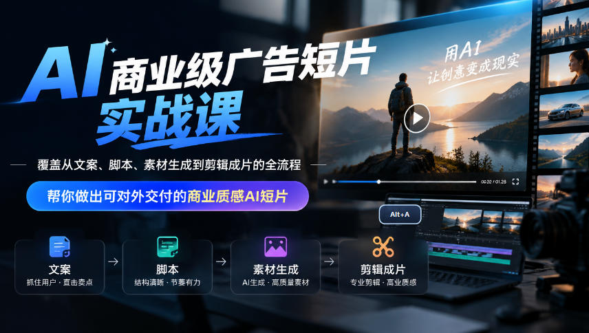 AI商业级广告短片实战课,覆盖从文案、脚本、素材生成到剪辑成片的全流程,帮你做出可对外交付的商业质感AI短片-副业网创