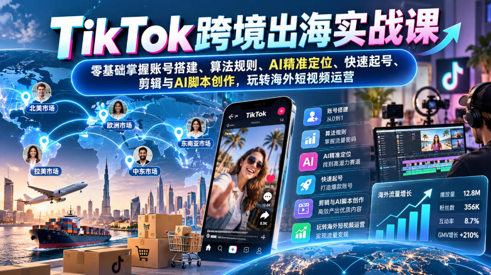 TikTok跨境出海实战课：零基础掌握账号搭建、算法规则、AI精准定位、快速起号、剪辑与AI脚本创作，玩转海外短视频运营-副业网赚