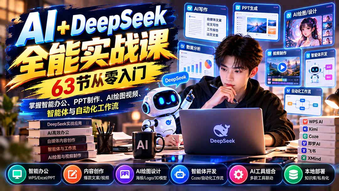 AI+DeepSeek全能实战课：63节从零入门，掌握智能办公、PPT制作、AI绘图视频、智能体与自动化工作流-副业网赚