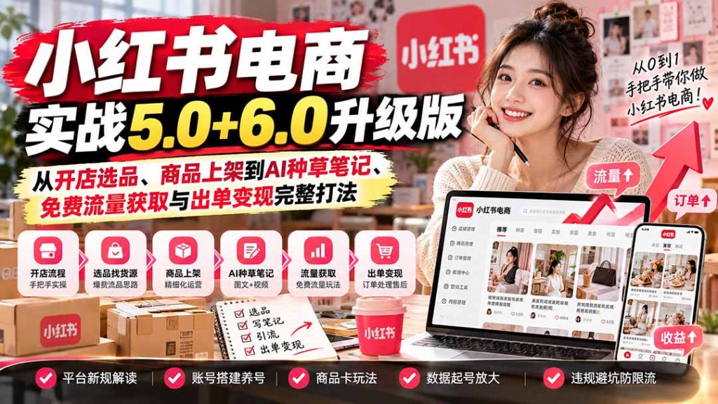 小红书电商实战5.0+6.0升级版：从开店选品、商品上架到AI种草笔记、免费流量获取与出单变现完整打法-副业网赚
