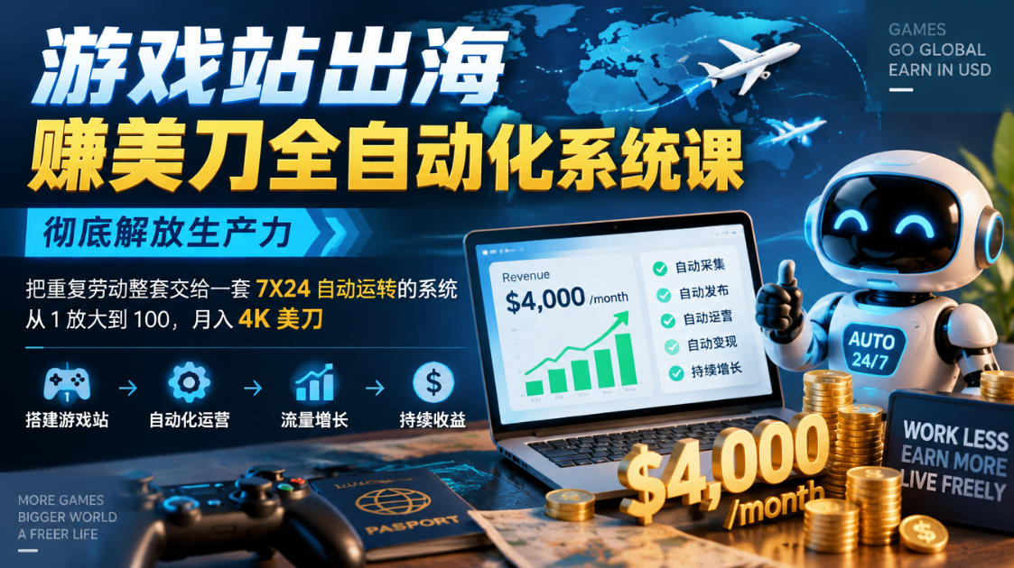 游戏站出海賺美刀全自动化系统课，彻底解放生产力–把重复劳动整套交给一套7X24自动运转的系统，从1放大到100，月入4K美刀-副业网创