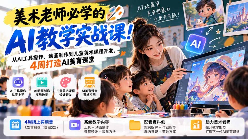 美术老师必学的AI教学实战课！从AI工具操作、动画制作到儿童美术课程开发，4周打造AI美育课堂-副业网赚