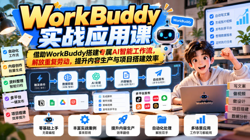 WorkBuddy实战应用课，借助WorkBuddy搭建专属AI智能工作流，解放重复劳动，提升内容生产与项目搭建效率-副业网赚