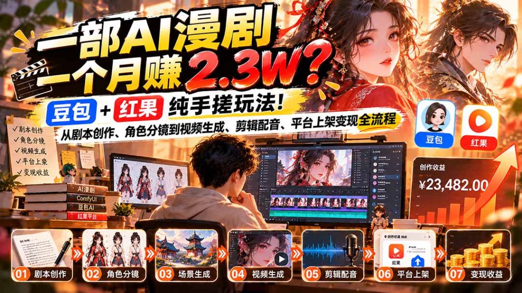 一部AI漫剧一个月赚2.3W？豆包+红果纯手搓玩法！从剧本创作、角色分镜到视频生成、剪辑配音、平台上架变现全流程-副业网赚