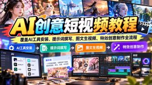 AI创意短视频教程，覆盖AI工具安装、提示词撰写、图文生视频、特效创意制作全流程-副业网赚