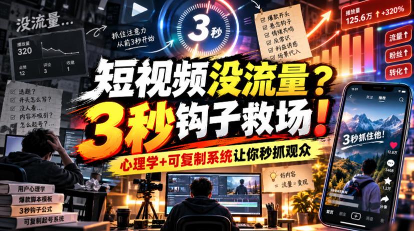 【无水印】短视频没流量？3秒钩子救场！心理学+可复制系统让你秒抓观众【原创双语字幕】-副业网赚