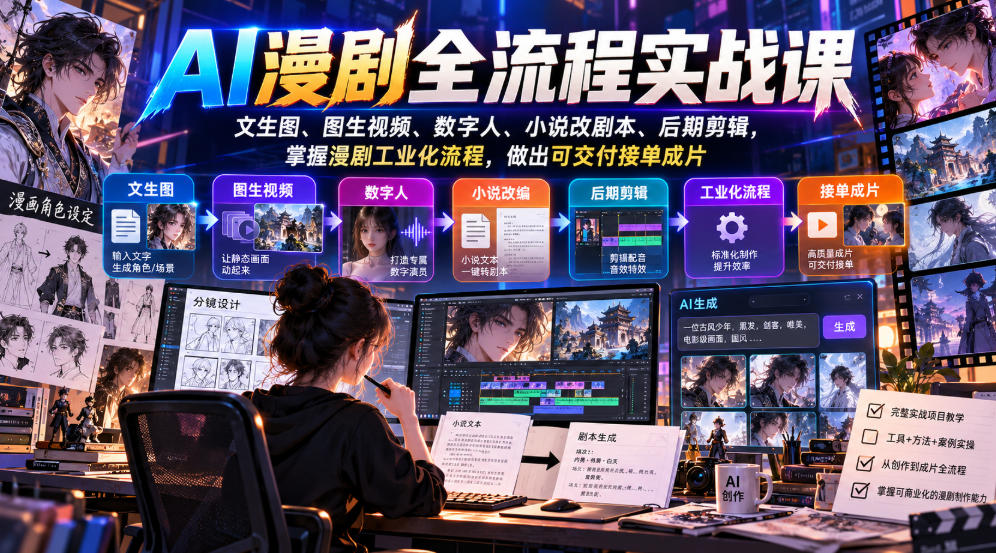 AI漫剧全流程实战课，文生图、图生视频、数字人、小说改剧本、后期剪辑，掌握漫剧工业化流程，做出可交付接单成片-副业网赚